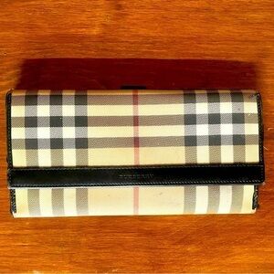 Burberry Beige Plaid Wallet with Black Leather Trim
